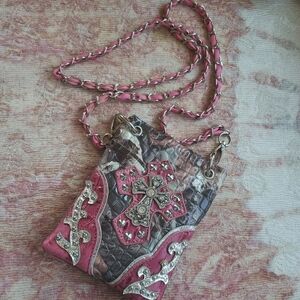 Cowgirl bling and chain crossbody strap small pink snake embosed bag